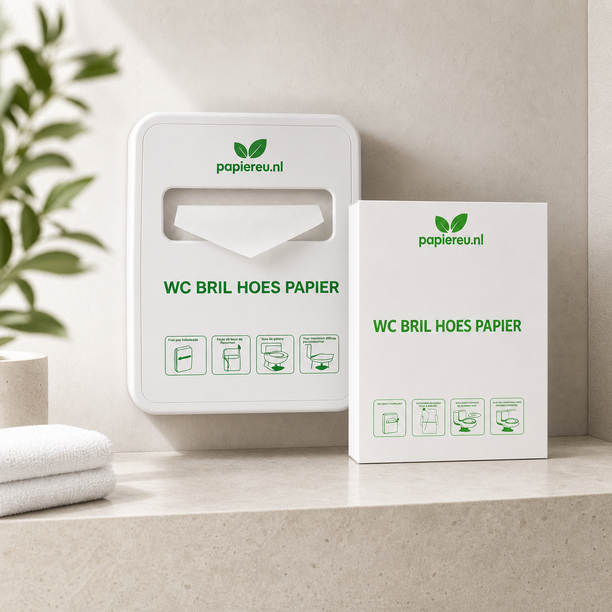 PapierEU dispenser, verpakking en toiletbrilhoesjes